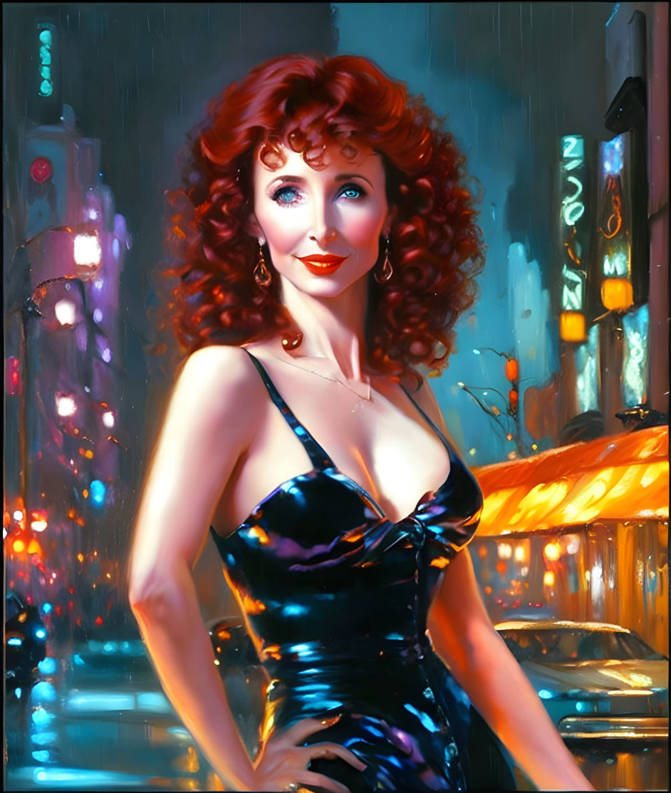 Portrait of woman with red curly hair in blue dress against neon-lit cityscape