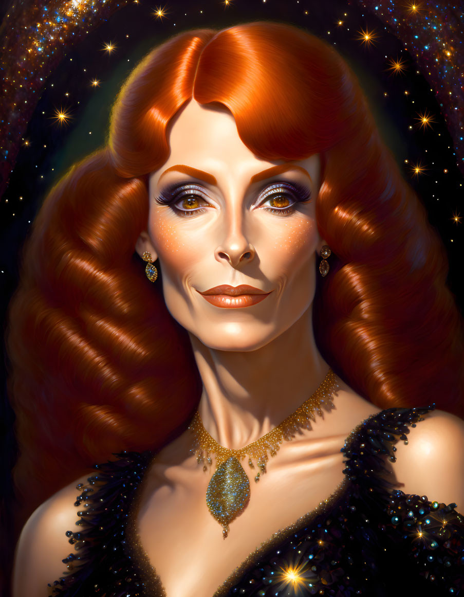 Illustration of woman with red hair, blue eyes, elaborate jewelry, in starry background