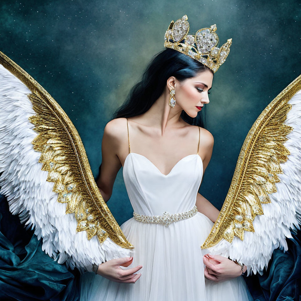 Woman in white dress with golden crown and angel wings on starry backdrop