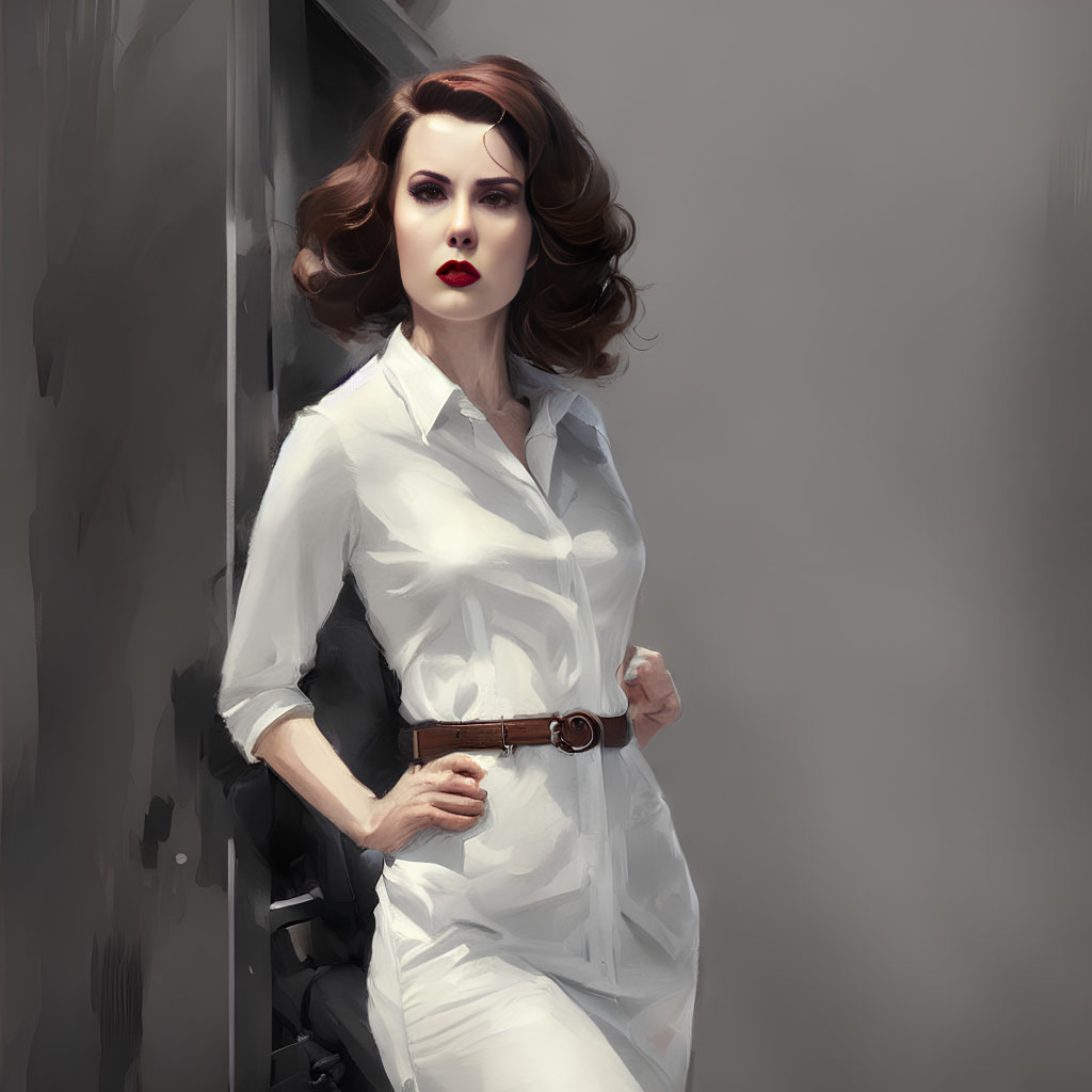 Stylish Woman with Wavy Hair in White Shirt and Belt Portrait