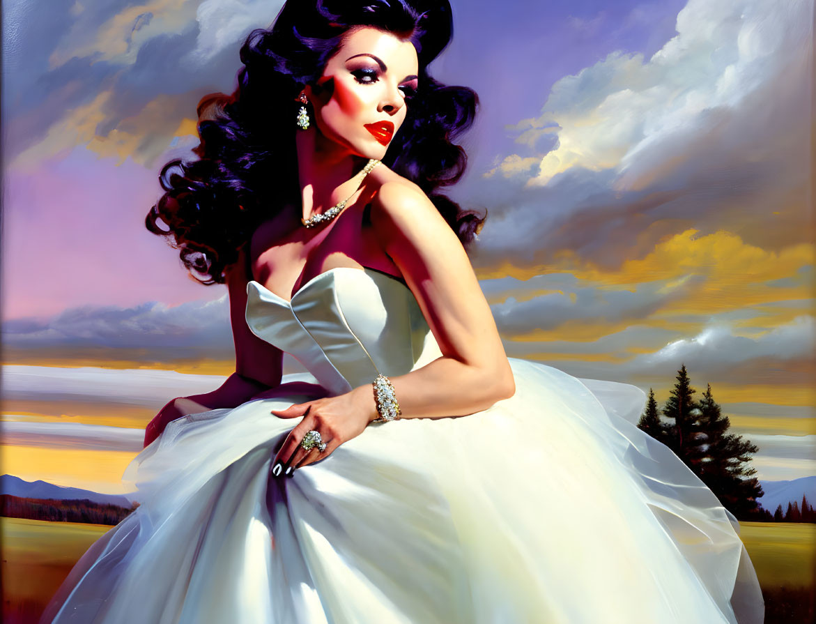 Stylish woman in white gown with elegant hair and jewelry in scenic setting