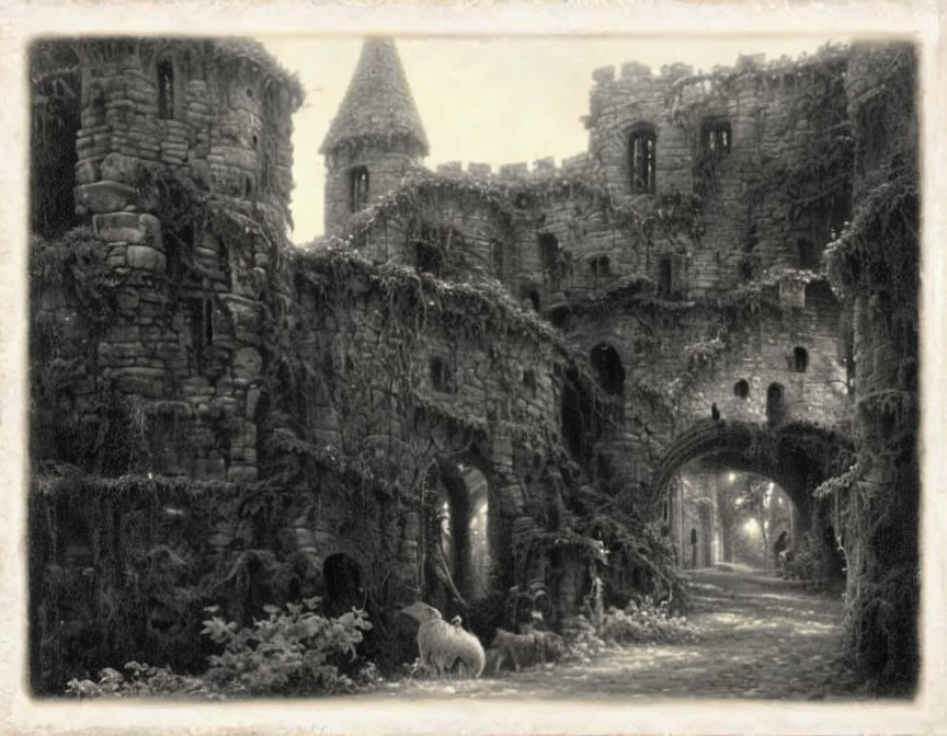 Monochrome image of overgrown, crumbling castle with sheep