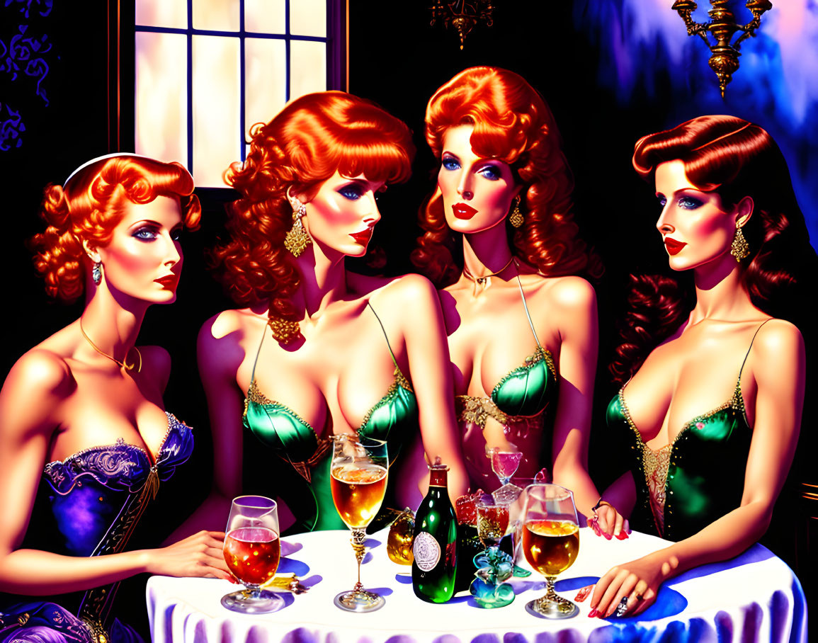 Four red-haired women in elegant gowns with champagne at table