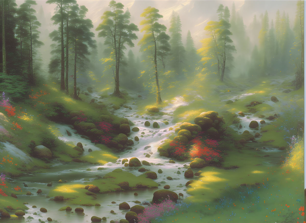 Tranquil forest stream with sunlight, flowers, and mossy rocks