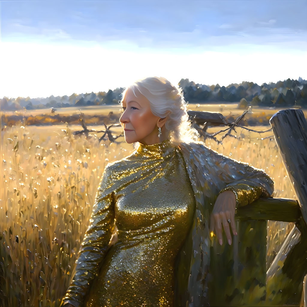 Elderly woman in golden dress smiles in serene field