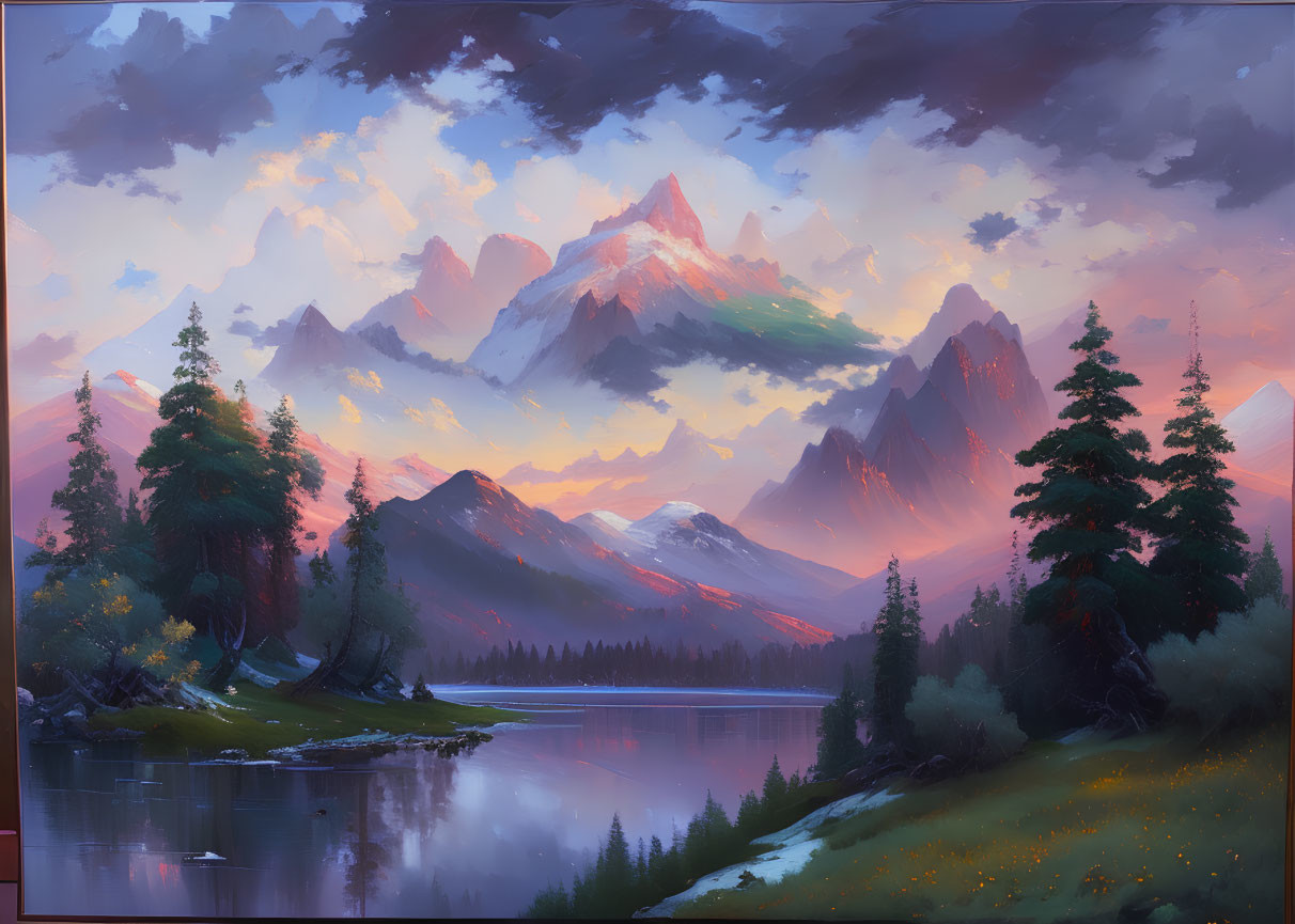 Tranquil landscape painting: vibrant sunset hues, mountain range, serene lake, lush forests