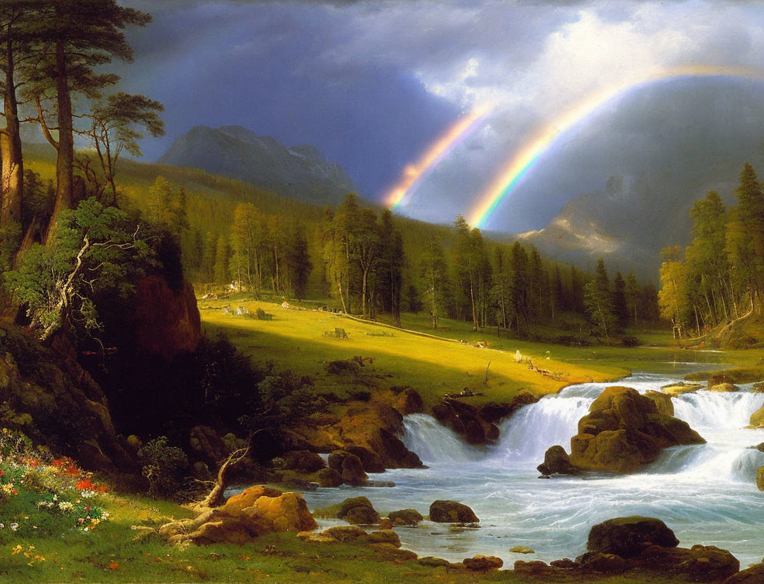 Serene landscape painting with waterfall, trees, mountains, rainbow, and soft glow