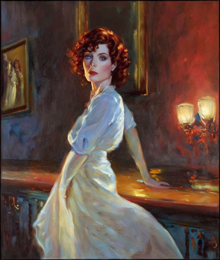 Portrait of a woman with red curly hair in white dress in candlelit room