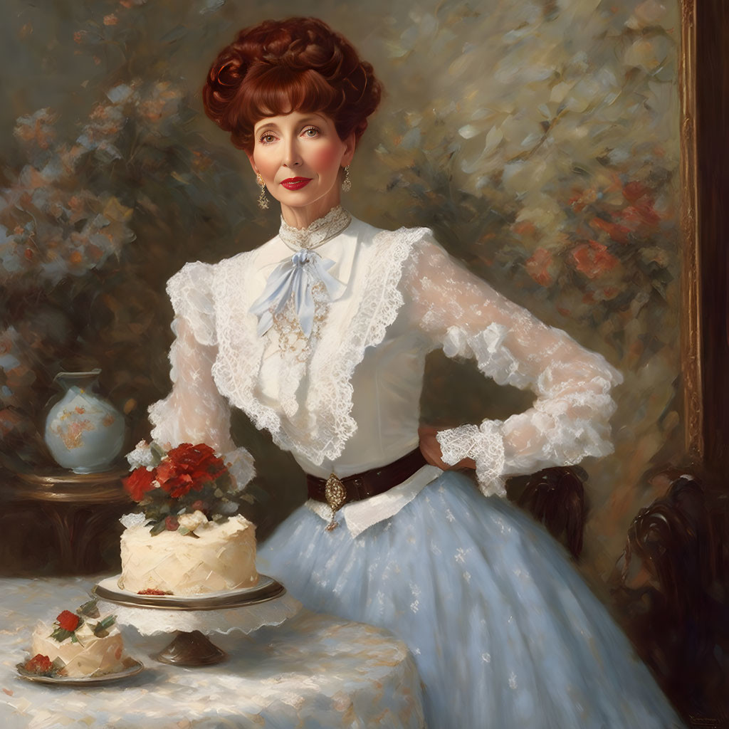 Sophisticated woman with updo hairstyle next to cake in lace blouse and blue skirt