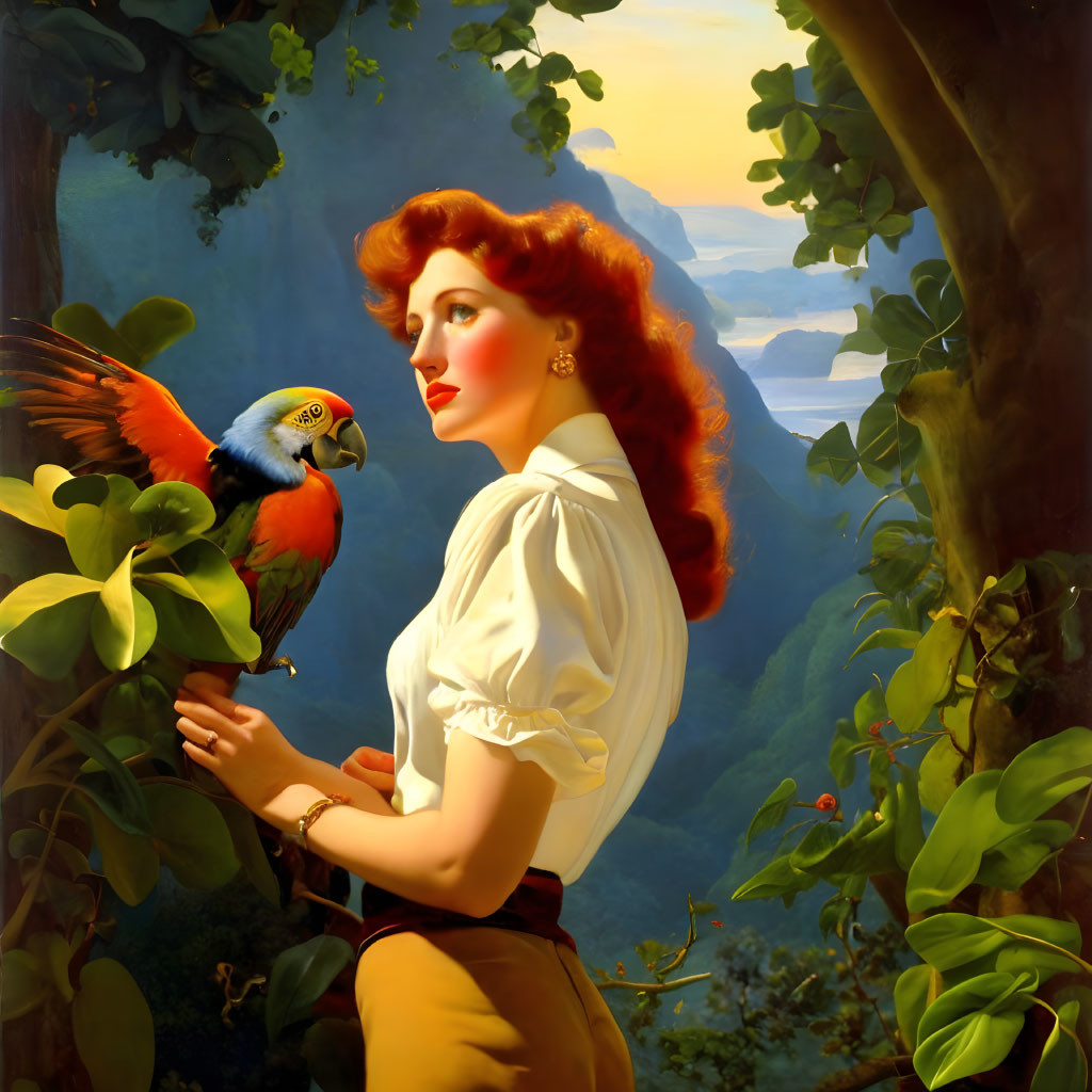 Vintage Woman with Parrot in Lush Sunset Scene