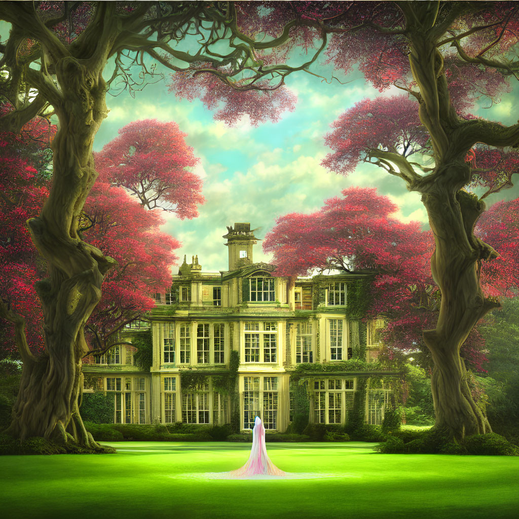 Woman in long dress at grand estate with lush greenery and pink trees.