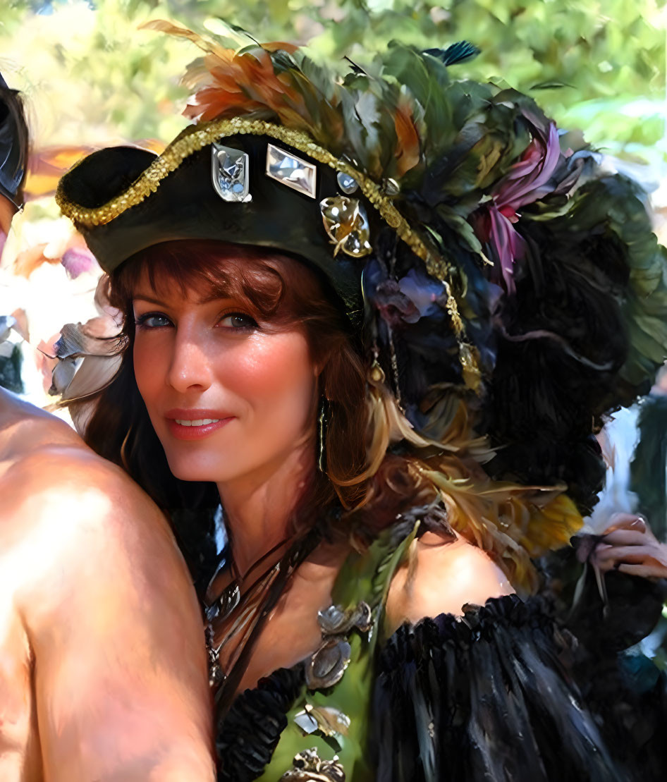 Smiling woman in feathered hat at festive event