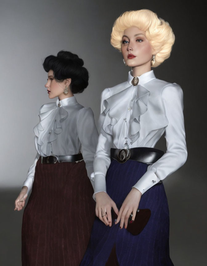 Two women in vintage attire with ruffled blouses and high-waisted skirts in mirror reflection.