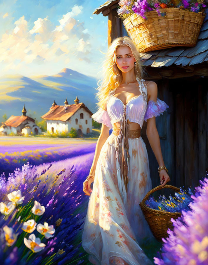 Woman in traditional dress in lavender field near wooden cottage.