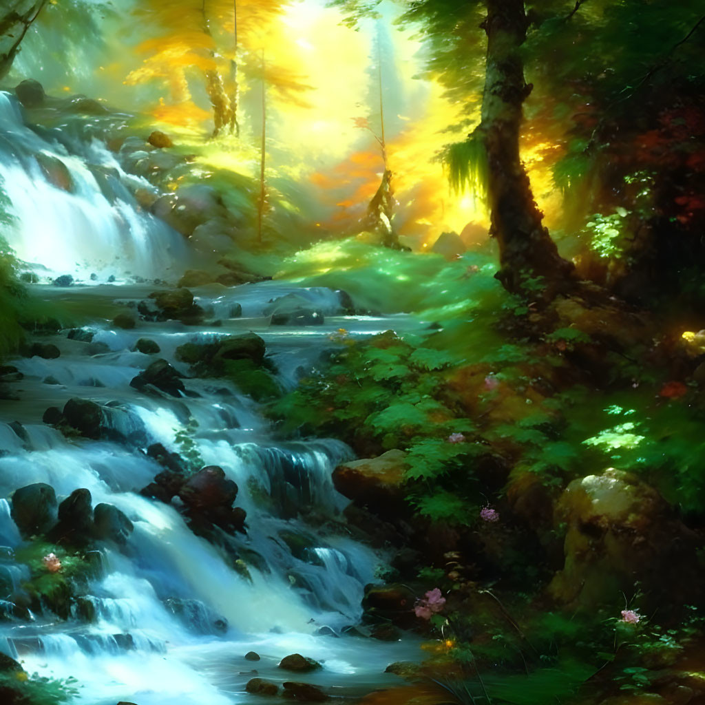 Lush forest with waterfall, sunlight, and flowers