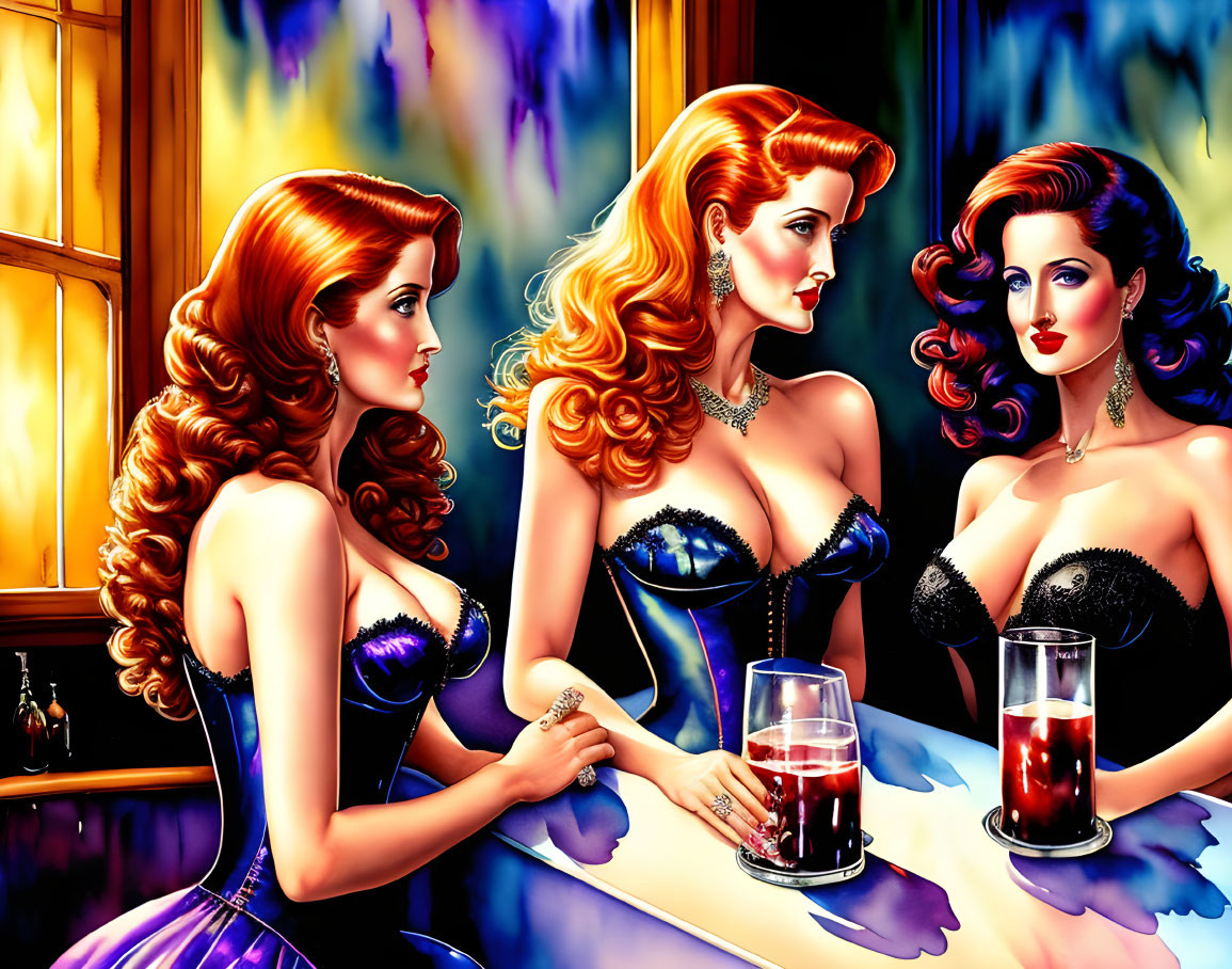 Three stylized women with retro hairstyles in a bar setting, one in purple, one in blue,