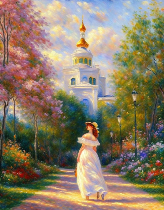 Woman in white dress and hat walking towards golden-domed building on flower-lined path