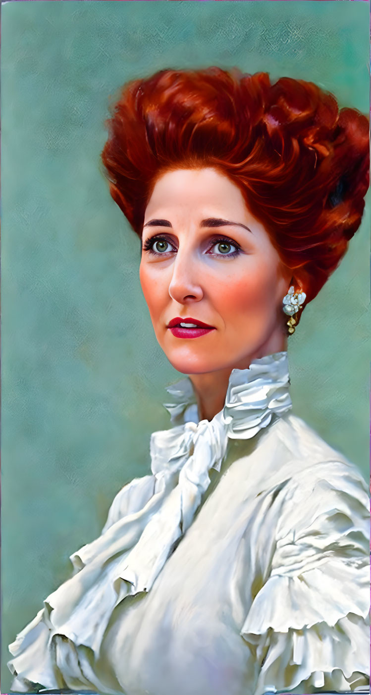 Portrait of Woman with Auburn Hair Updo in Vintage White Blouse