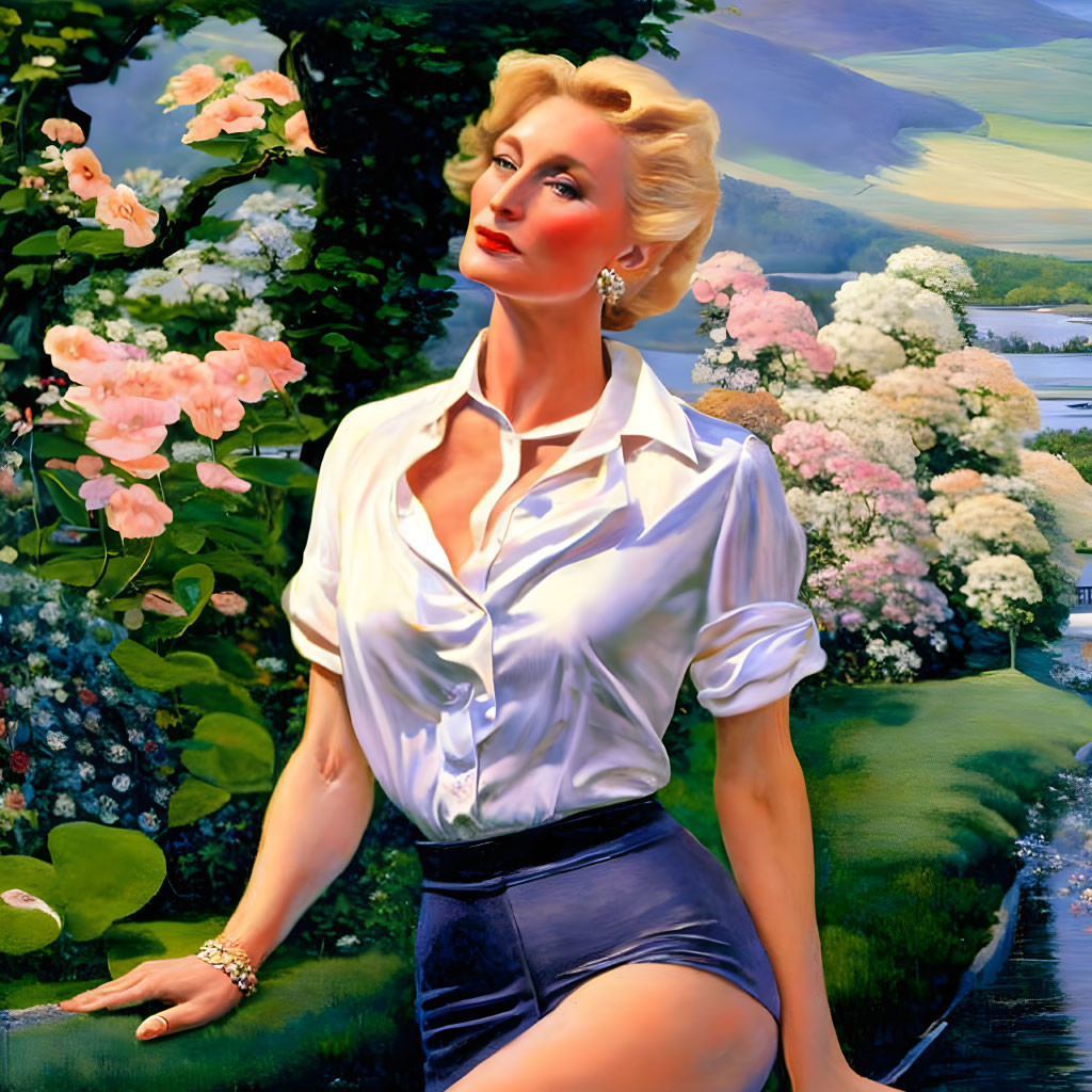 Vintage-style painting of poised woman in white blouse and navy skirt against lush floral background