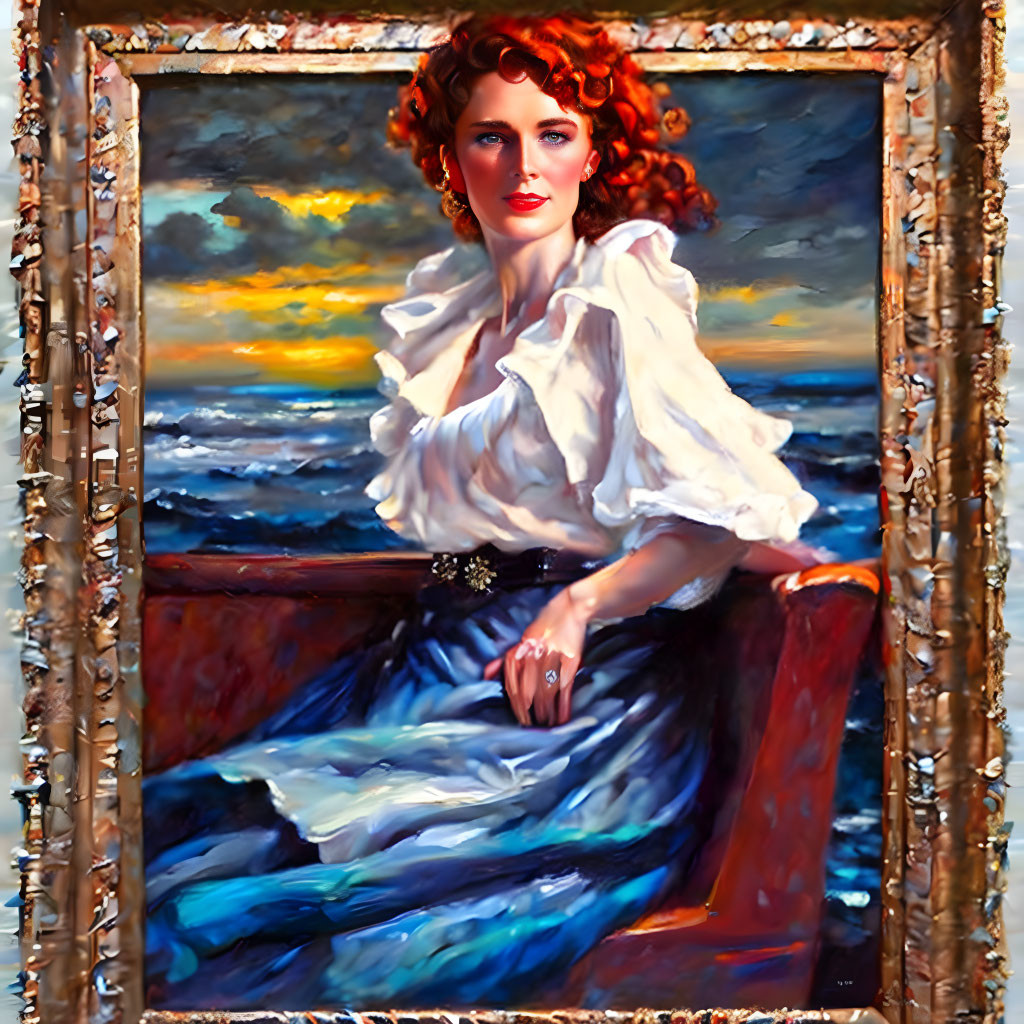 Vibrant painting: Red-haired woman by the sea at sunset