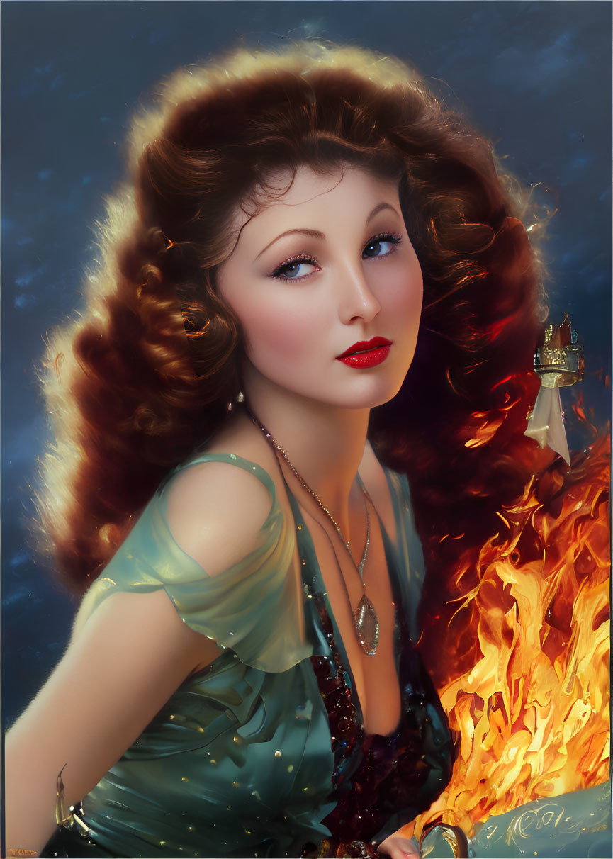 Portrait of Woman with Red Wavy Hair in Green Dress with Fire Element