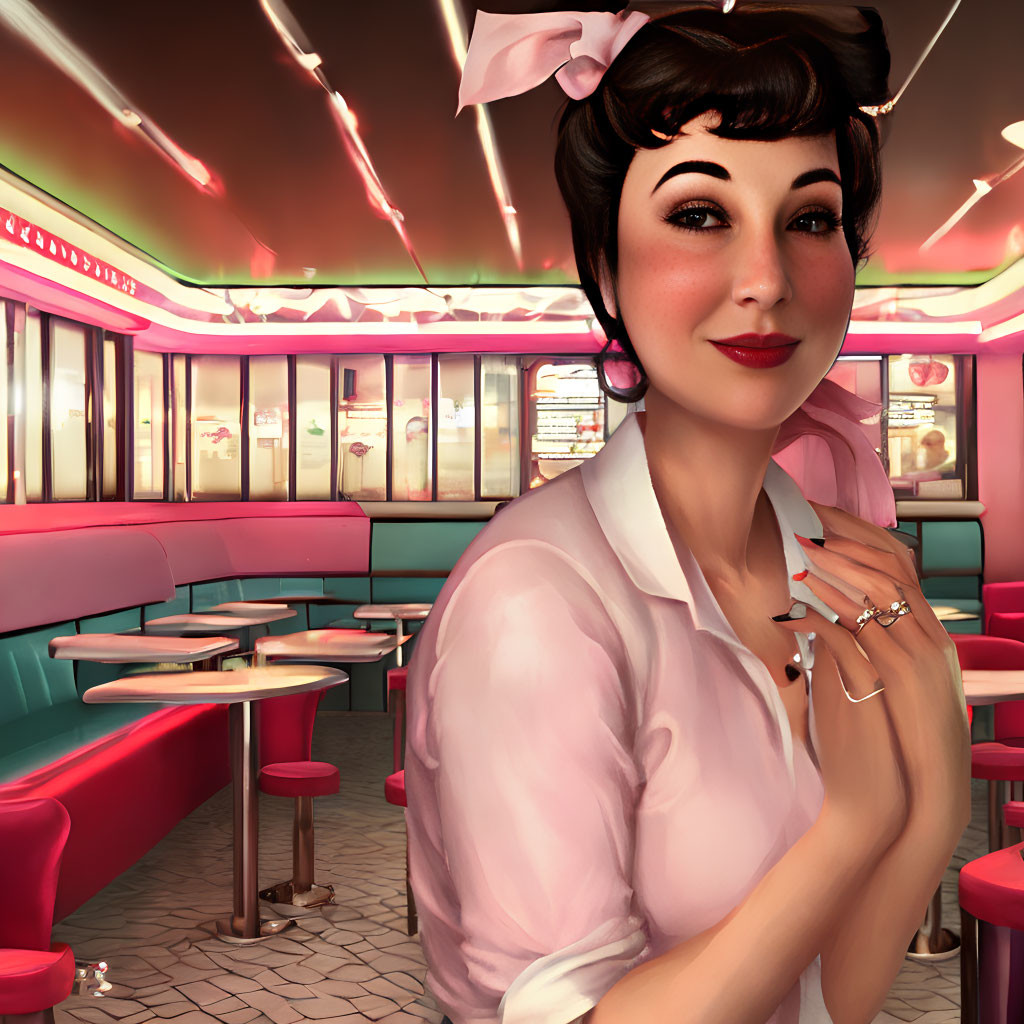 Retro-styled waitress in 1950s diner setting with pink booths & neon lights