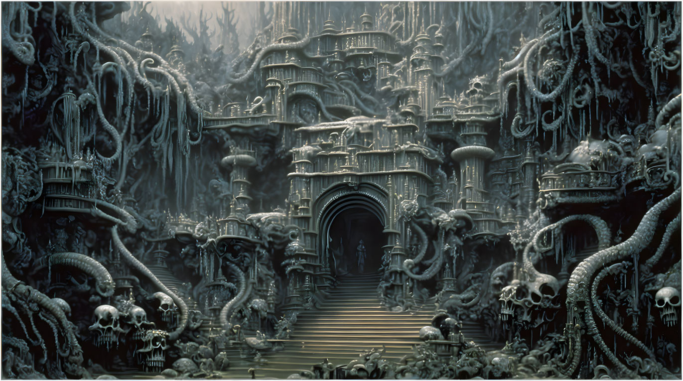 Dark Gothic Landscape with Bone-like Structures and Tentacles