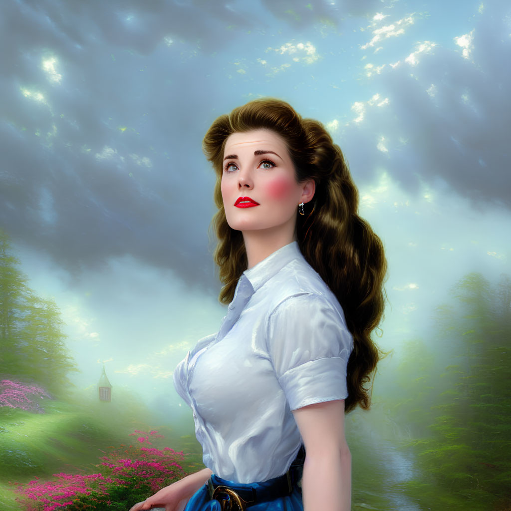 Vintage-inspired woman portrait with dreamy landscape backdrop