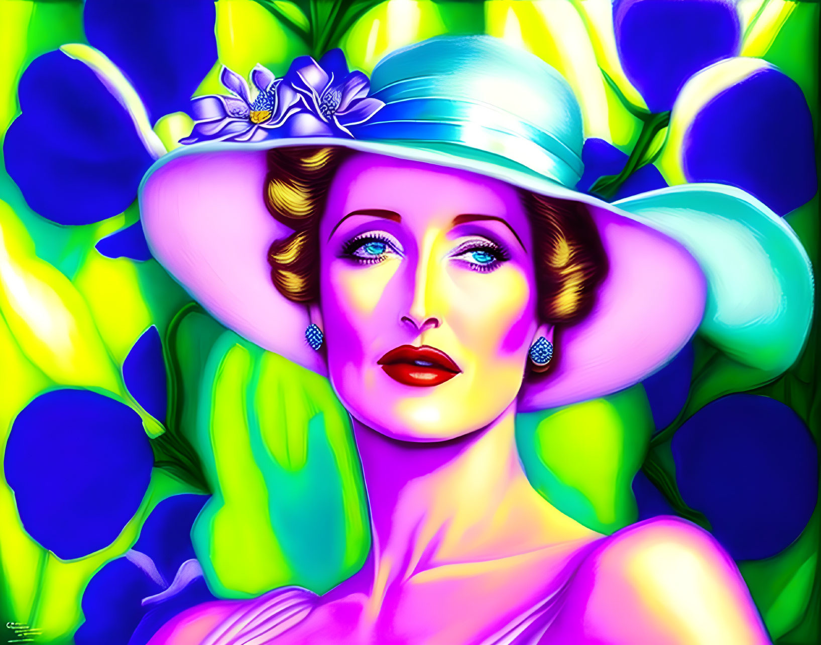 Colorful digital art: Woman with blue eyes in stylish hat against floral backdrop