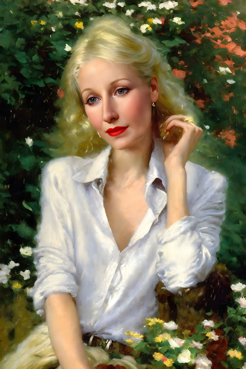 Blonde Woman in White Shirt Surrounded by Garden Flowers