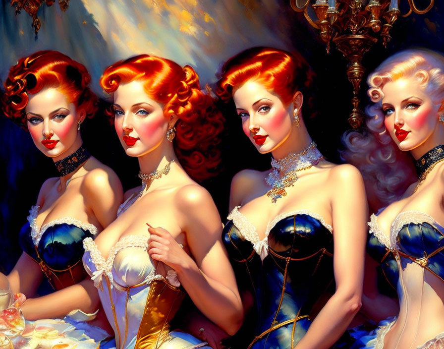 Stylized painting of glamorous women with vibrant hair and elegant attire