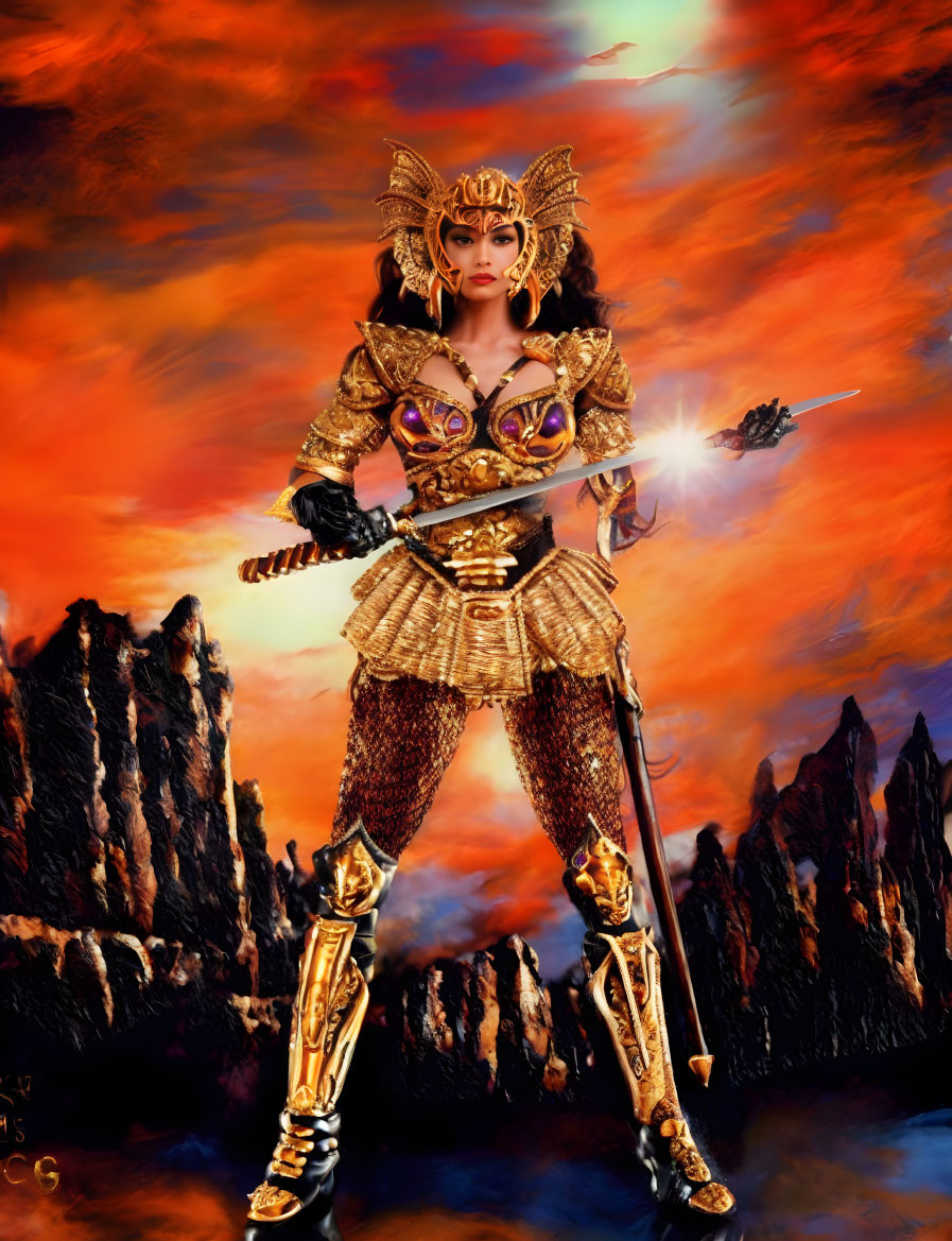 Woman in Golden Armor with Crown in Fantasy Landscape with Fiery Sky