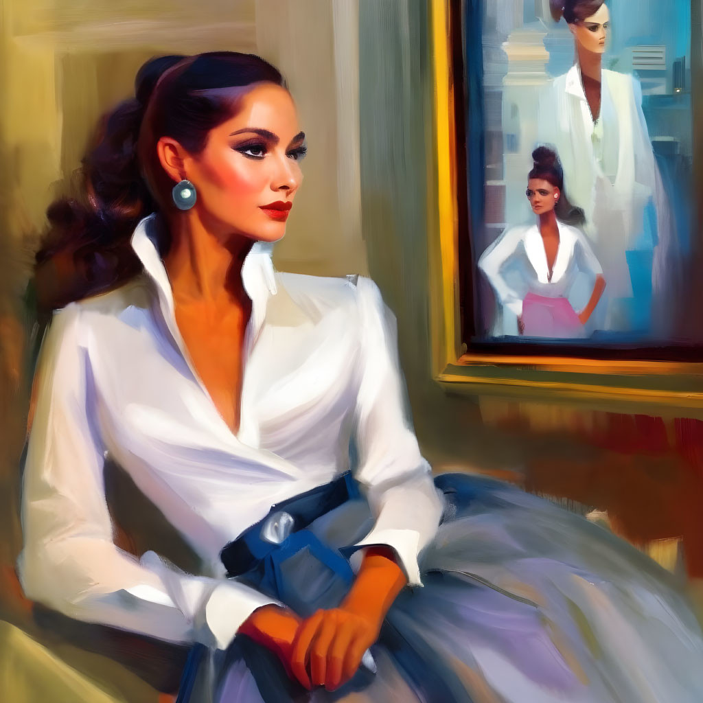 Stylized painting of elegant woman in white blouse with blue belt