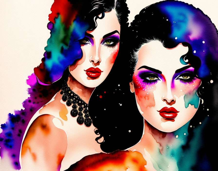 Colorful Watercolor Illustration of Two Stylized Women with Cosmic and Floral Theme