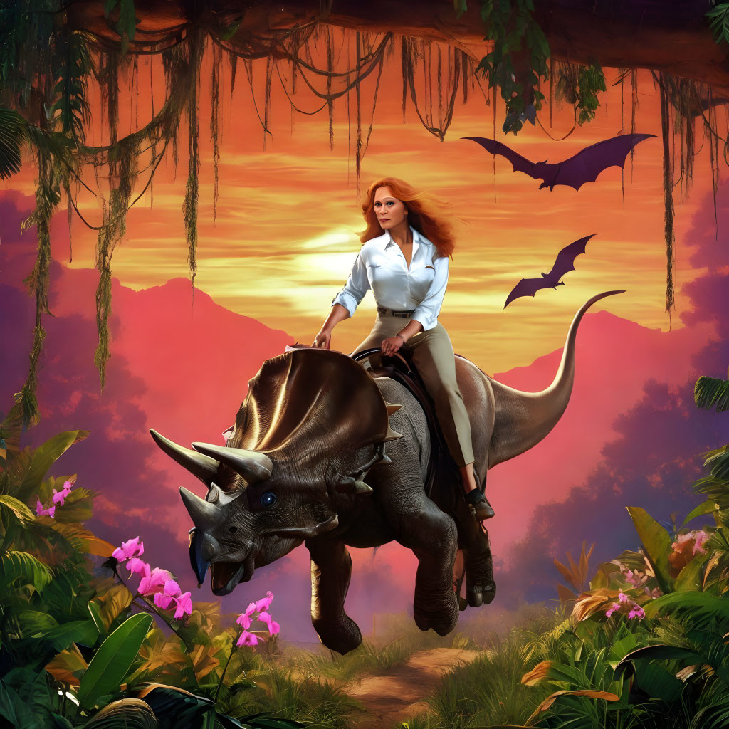 Woman riding triceratops in prehistoric jungle at sunset