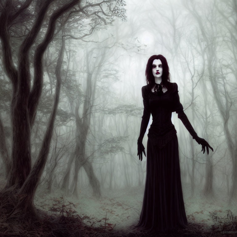 Pale woman in Victorian attire in misty forest with twisted trees