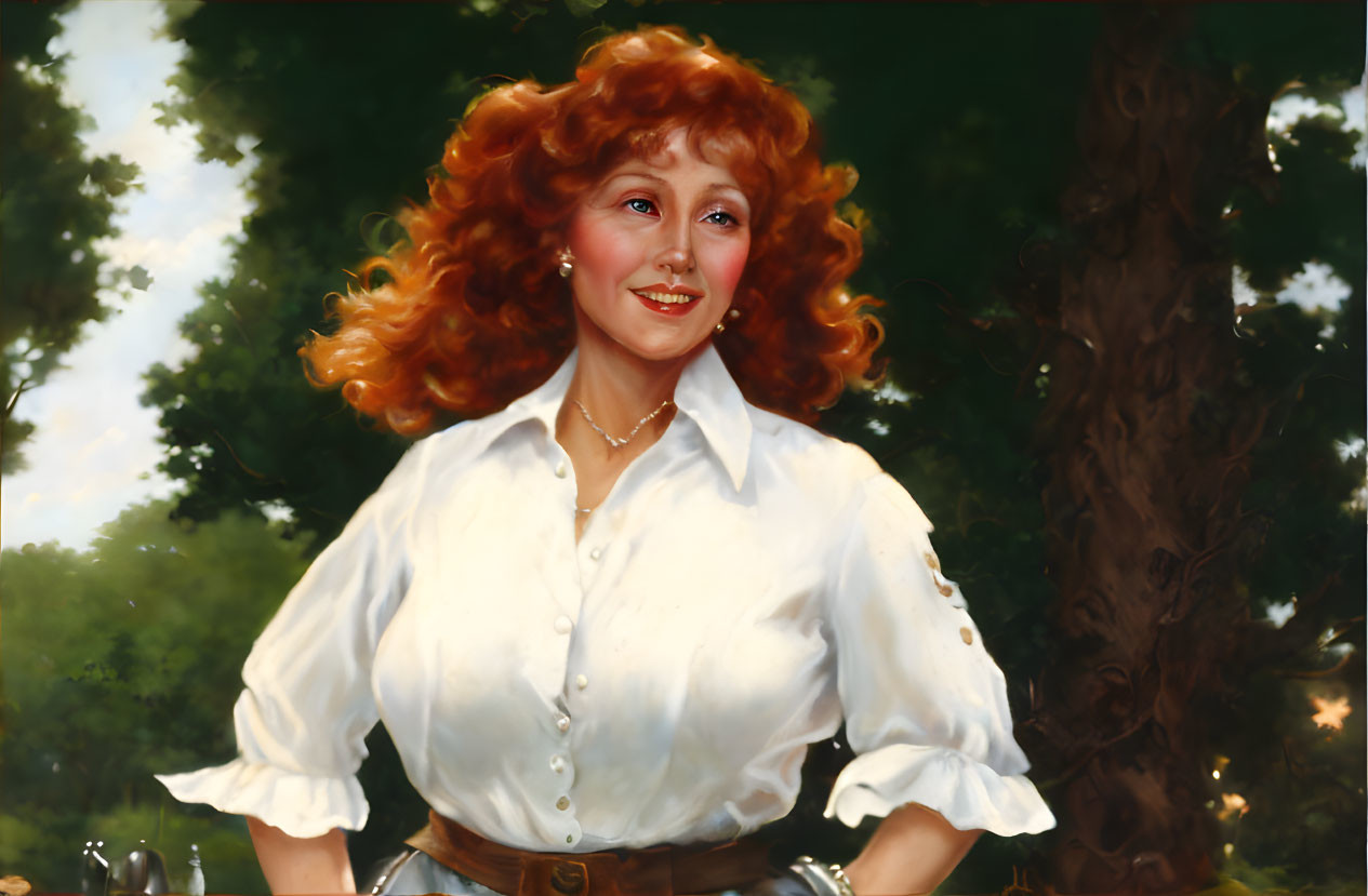 Smiling woman with red curly hair in white blouse by tree