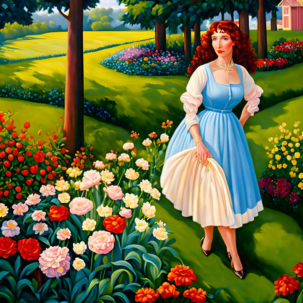 Vibrant red-haired woman in blue dress in colorful garden