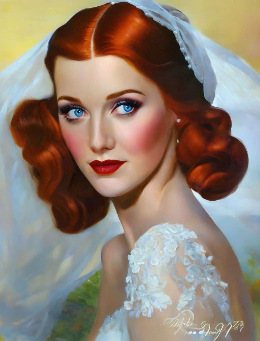 Portrait of a red-haired bride in lace dress and veil