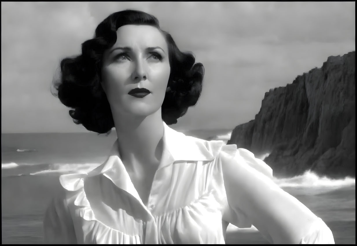 Vintage Black and White Photo of Woman with Wavy Hair and Ruffled Blouse