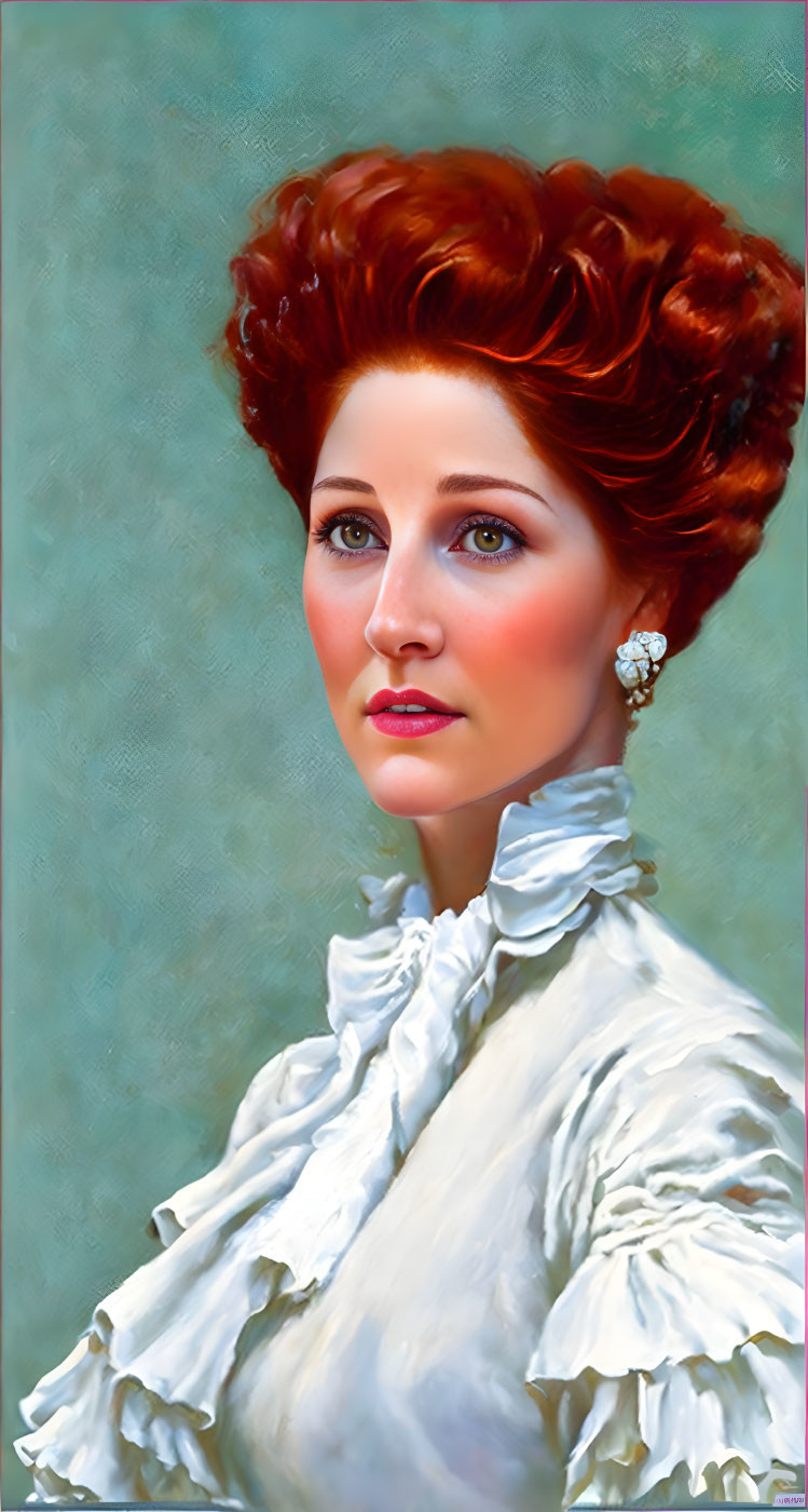 Portrait of woman with red updo hair, white ruffled blouse, earring, on green background