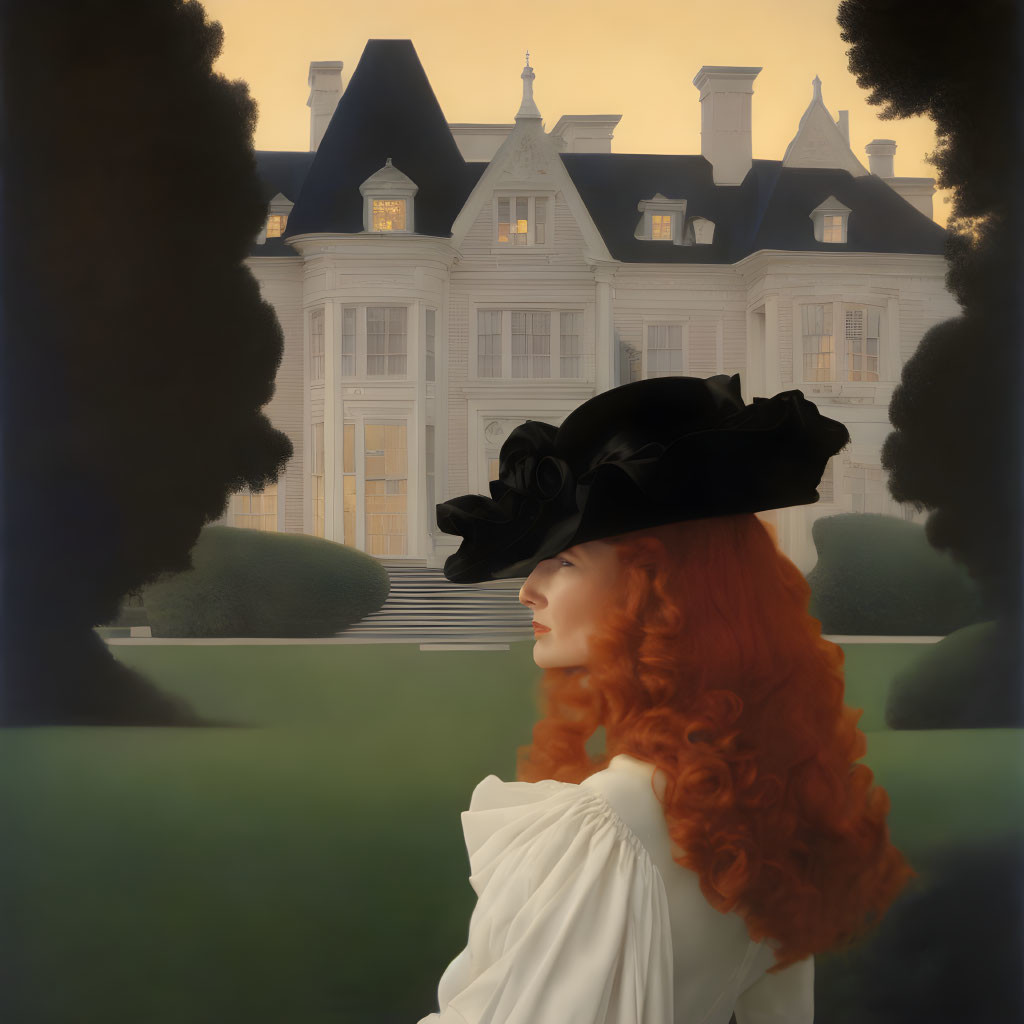 Red-haired woman in black hat gazes at white chateau in dreamy setting