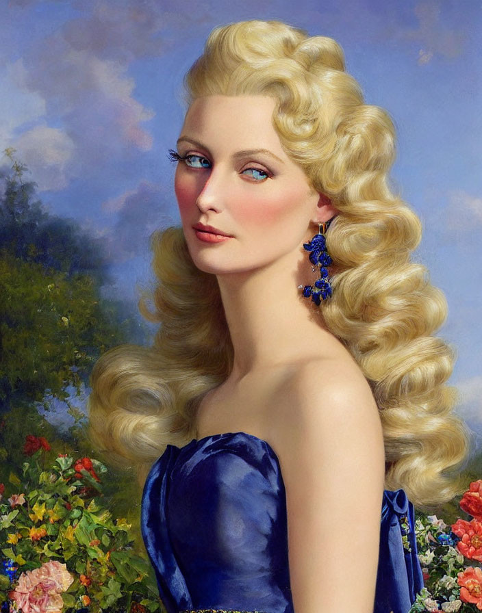 Blond woman with blue eyes in blue dress and sapphire earrings against floral backdrop