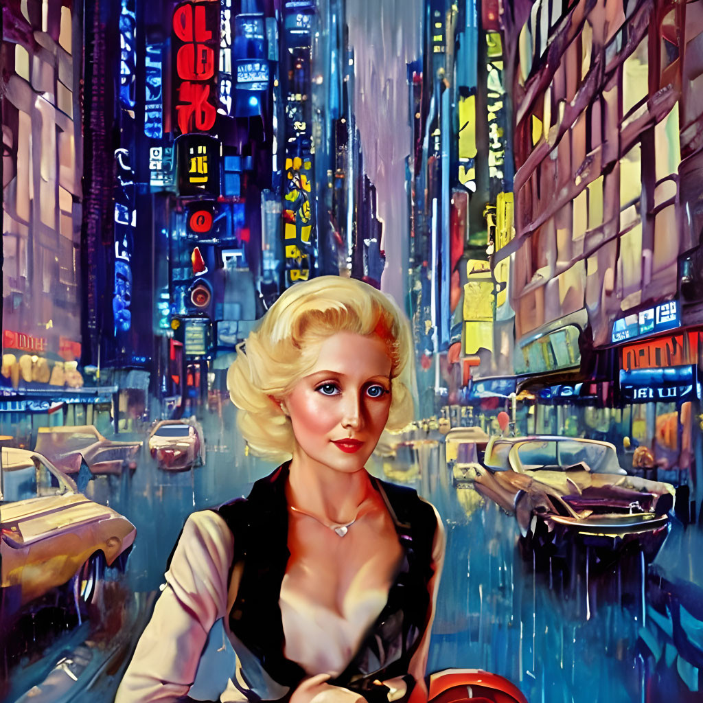 Blonde woman in stylized painting with vibrant rainy cityscape