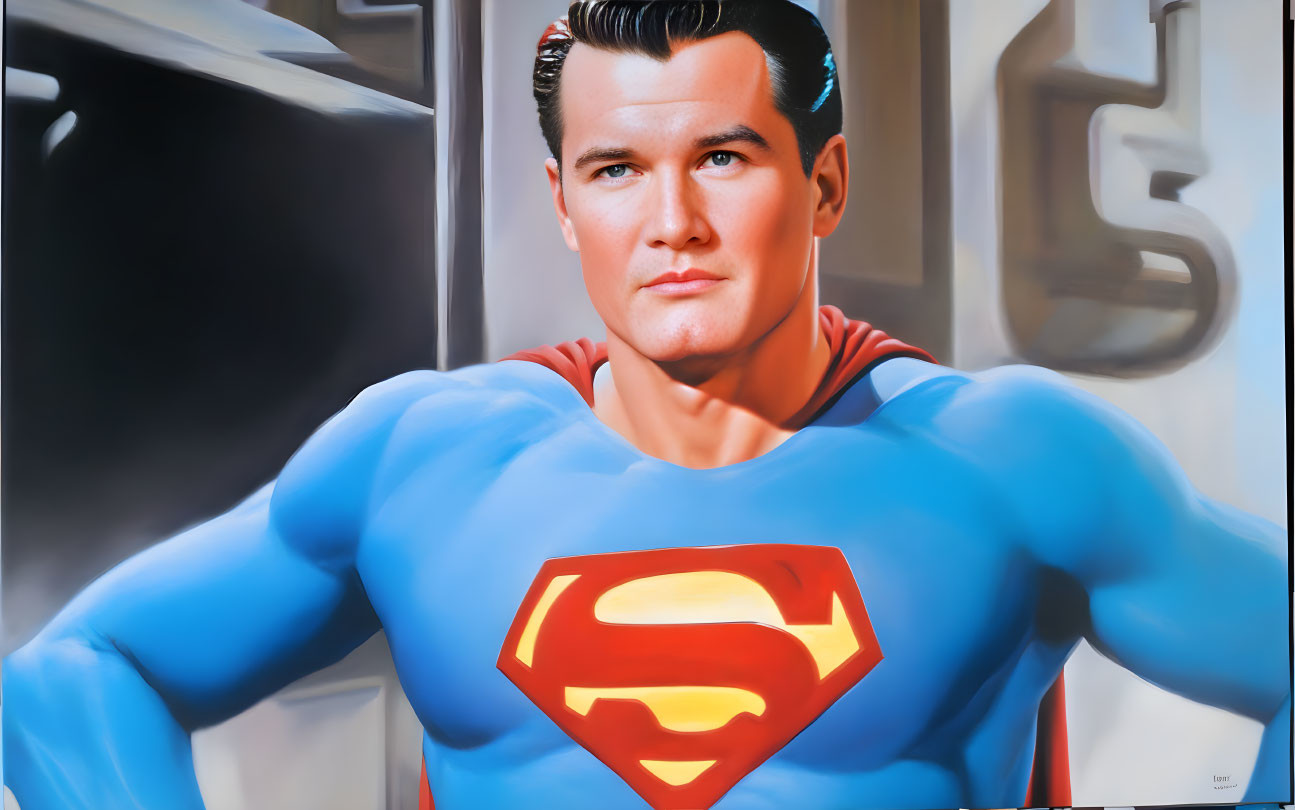 Hyperrealistic Superman painting in classic blue suit and red cape with iconic 'S' logo, radi