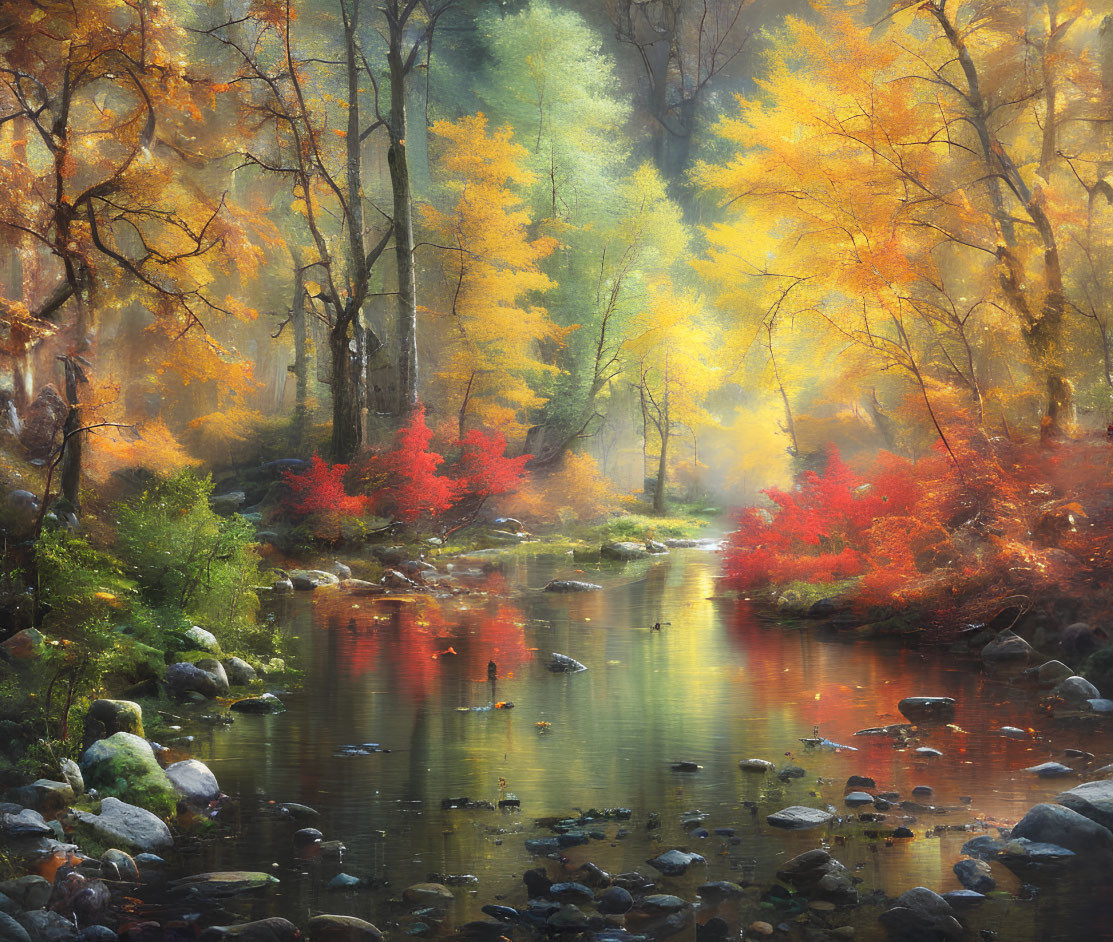 Tranquil autumn forest with vibrant foliage and stream reflections