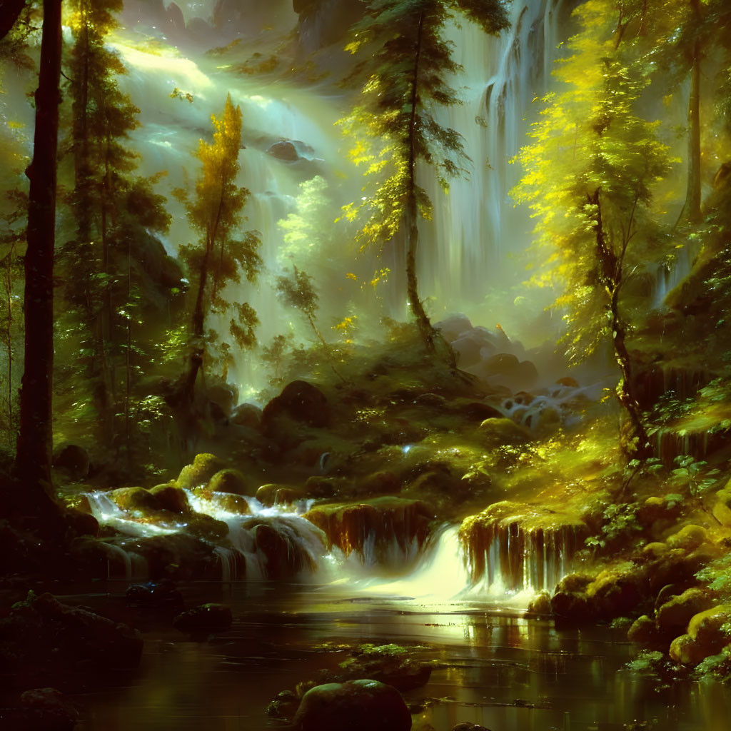 Enchanting fantasy forest with waterfalls, light beams, lush greenery, and a serene river