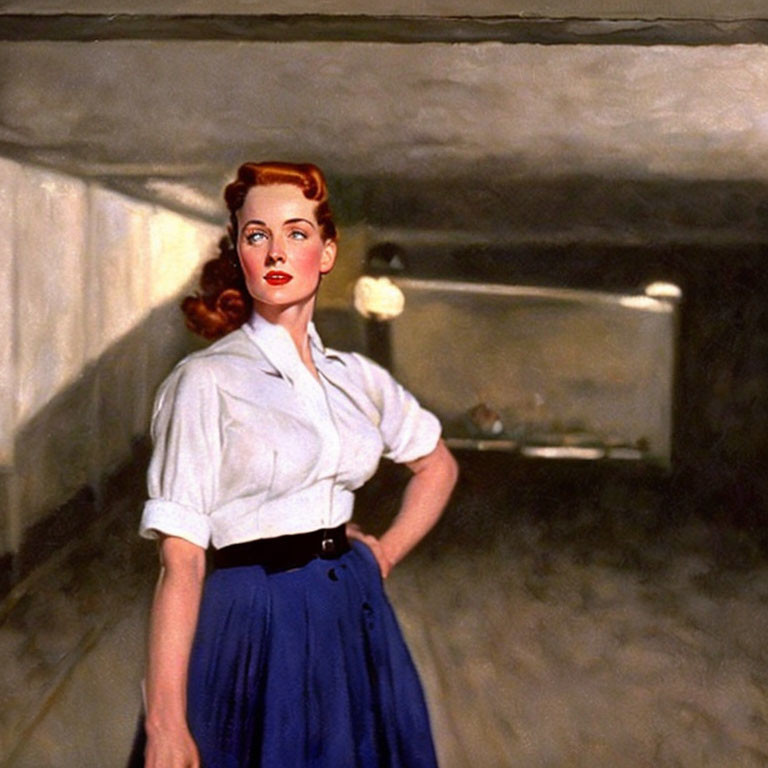 Vintage Illustration: Red-Haired Woman in White Blouse and Blue Skirt in Dimly Lit