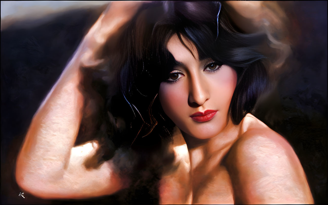 Dark-haired woman with red lipstick posing in digital painting