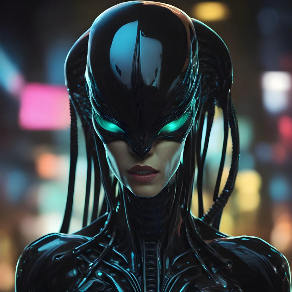 Futuristic female android with black exoskeleton and headgear on neon-lit background